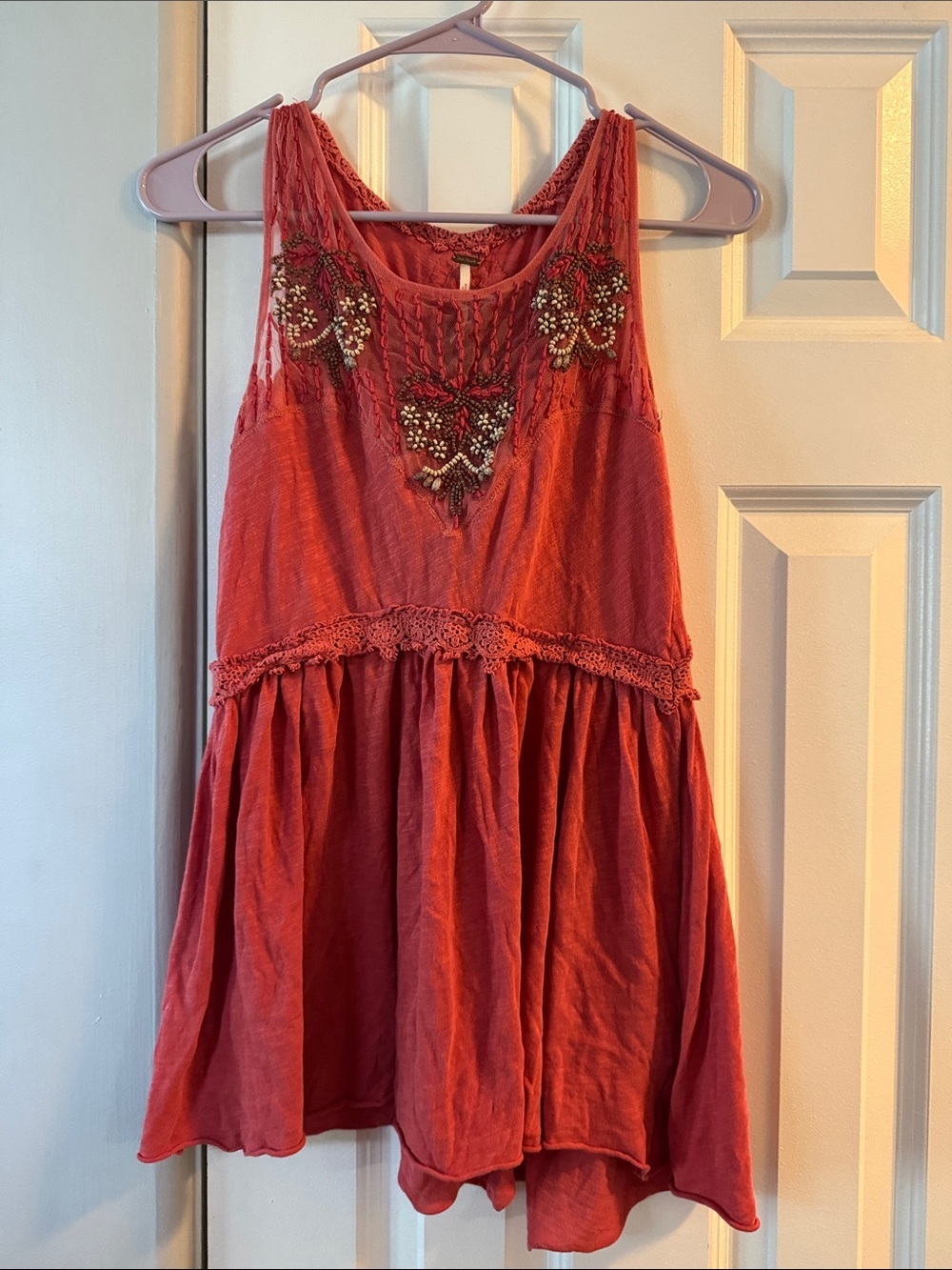 Free People Coral Red Embroidered Boho Tunic